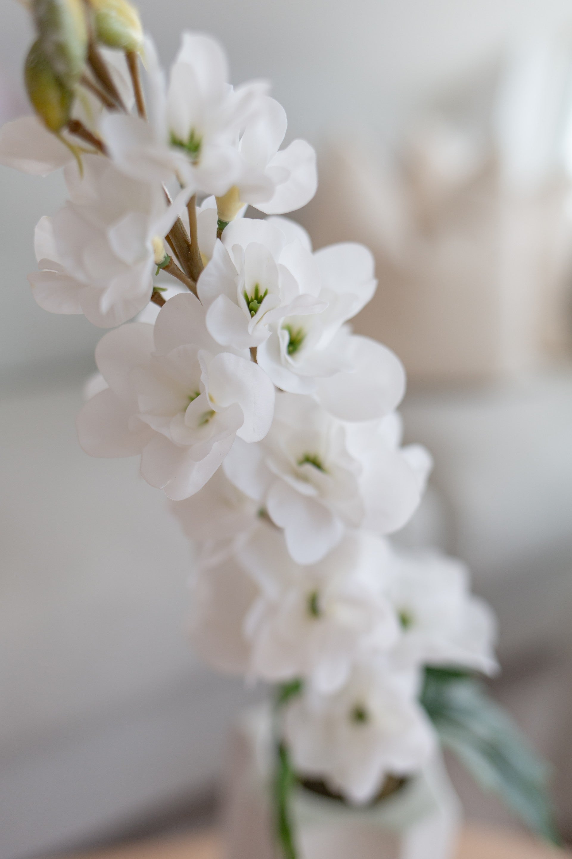 Kunstig delphinium hvit brukt som dekorativ stilk i moderne interiør
