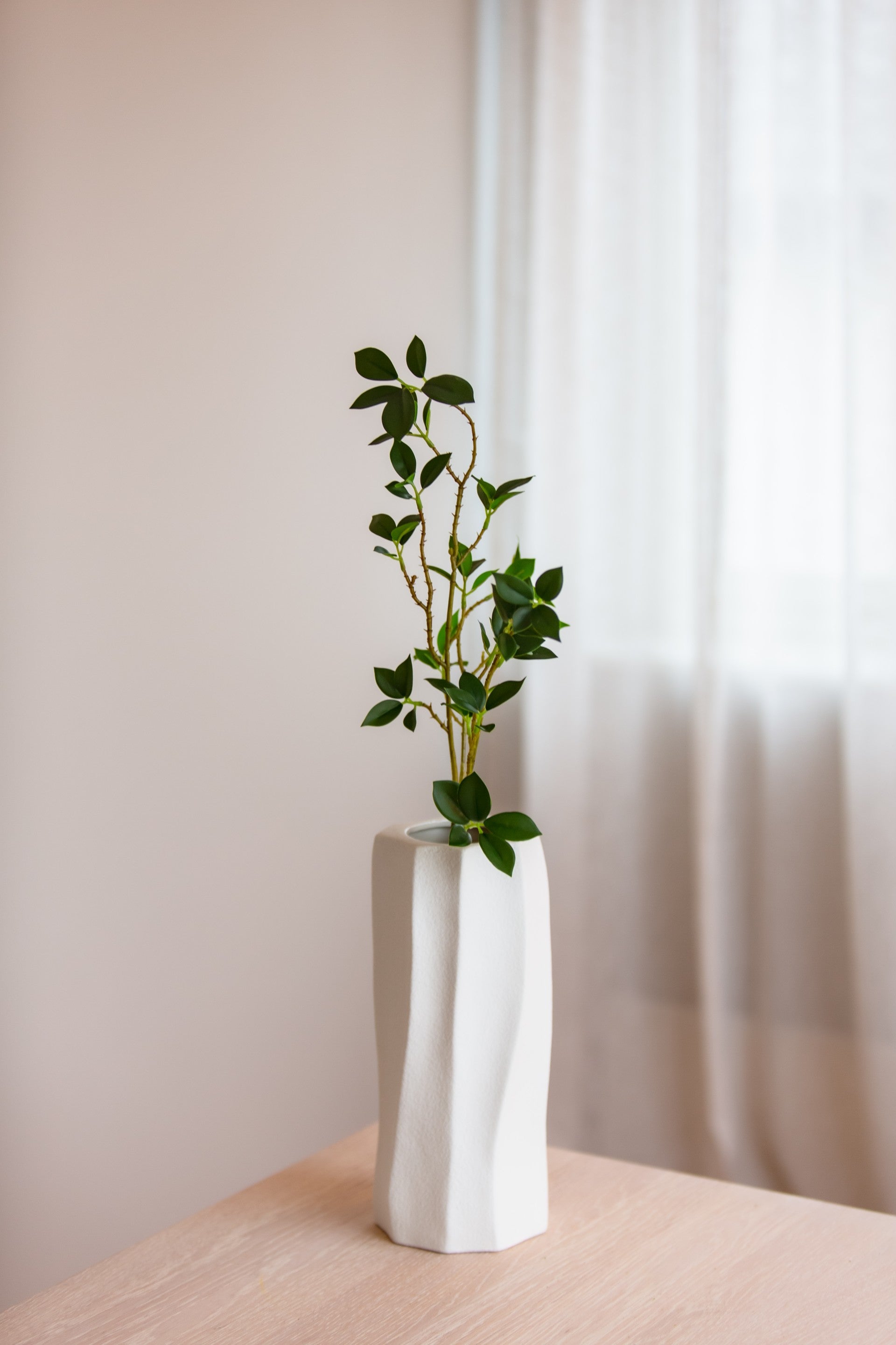 Kunstig ficus stilk med små grønne blader i vase
