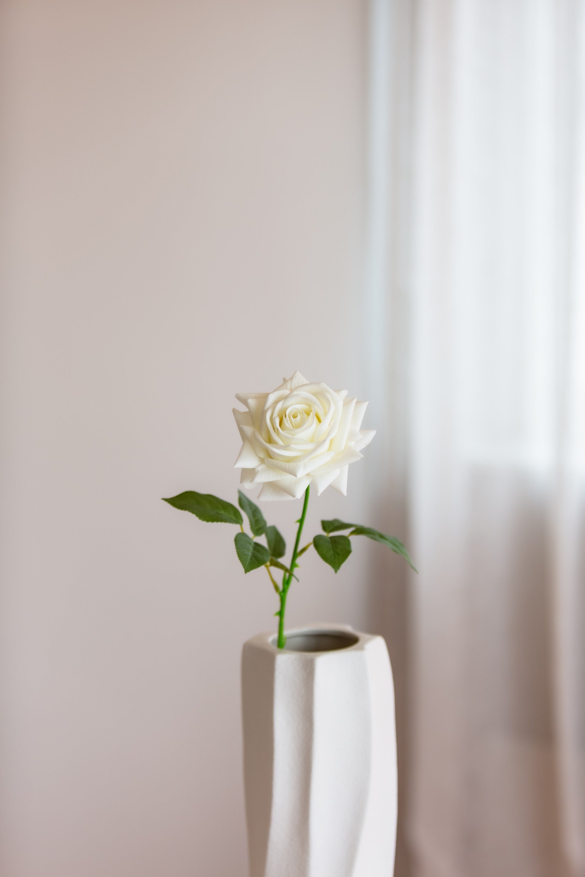 Hvit kunstig rose som dekorasjon i nordisk stil